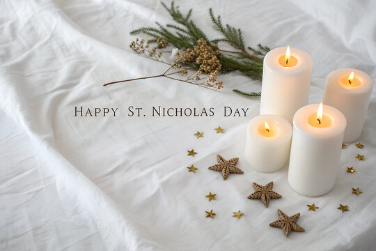 Happy St. Nicholas Day: Warm Candlelight, Golden Stars, and Evergreen Accents Create a Peaceful Holiday Tribute on White Fabric Background. generative ai