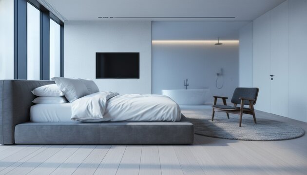 Grey upholstered bed with white linens sits in a spacious minimalist bedroom with a large window and an open-plan bathroom behind a frosted glass wall - Powered by Adobe