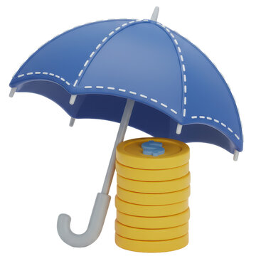 3d umbrella risk protect coin stack secure finance concept minimal blue yellow