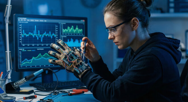 A woman carefully examines a robotic arm while analyzing data on a computer screen