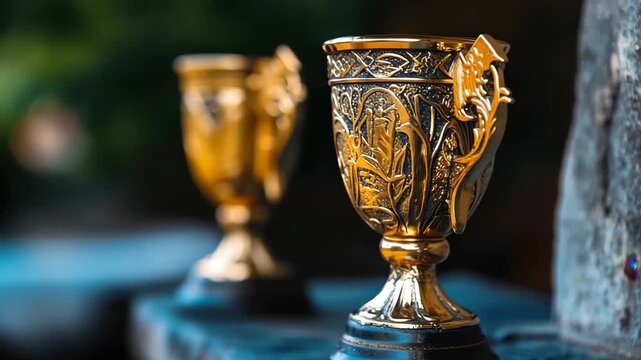 2 gold trophy cup, Two gold trophy cups arranged in a row