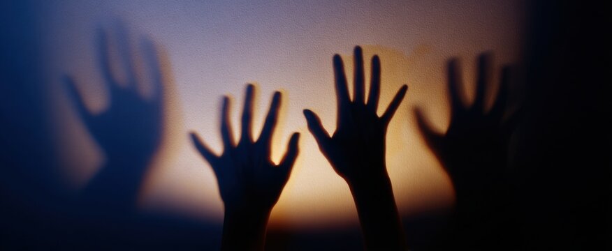 The silhouette of hands forming playful shadow shapes against the wall.