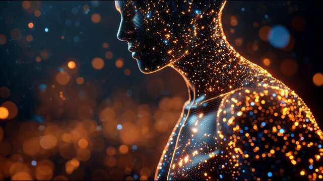Abstract digital human avatar made of glowing particles against a shimmering bokeh background