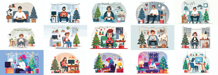Obraz premium Gamers playing games. Gamer Christmas. Vektor, design, minimalist, illustrations, set icon