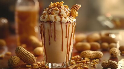 A peanut butter and honey milkshake with crunchy peanut garnish