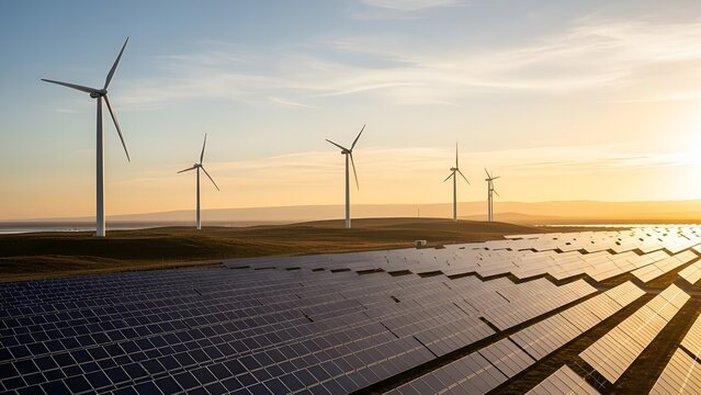 Solar Panel Farm and Wind Turbines at Sunset Renewable Energy - Powered by Adobe