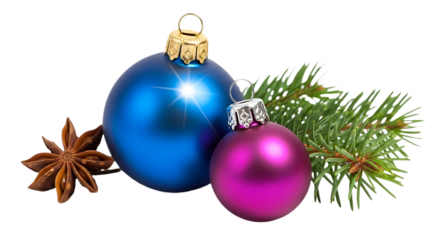 Two festive christmas ornaments a blue oval and a pink teardrop with a star anise and pine sprig isolated on transparent background