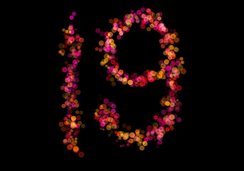 Number Nineteen, 19 made with multicolored bokeh lights effect, Bokeh abstract isolated on black background, Blur, Glitter, Defocused, Seamless polka dot pattern, Creative, Illustration design