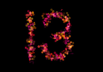 Number Thirteen, 13 made with multicolored bokeh lights effect, Bokeh abstract isolated on black background, Blur, Glitter, Defocused, Seamless polka dot pattern, Creative, Illustration design
