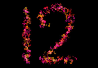 Number Twelve, 12 made with multicolored bokeh lights effect, Bokeh abstract isolated on black background, Blur, Glitter, Defocused, Seamless polka dot pattern, Creative, Illustration design