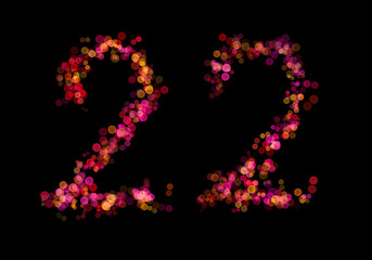Number Twenty-two, 22 made with multicolored bokeh lights effect, Bokeh abstract isolated on black background, Blur, Glitter, Defocused, Seamless polka dot pattern, Creative, Illustration design