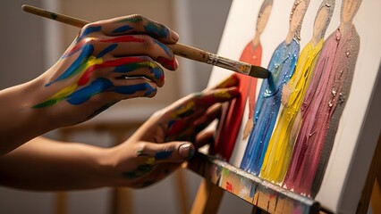 Close-up of Artist's Paint-Covered Hands Painting on a Canvas