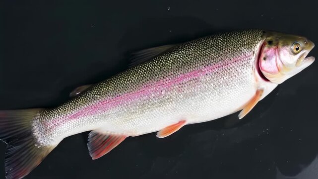 A vibrant fish with a pink lateral stripe lies on a dark, reflective surface