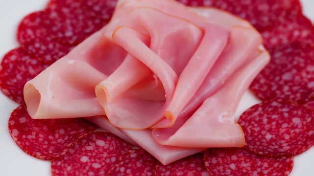 Sliced meats, salami and ham, artfully arranged on a white surface, showcasing textures and colors