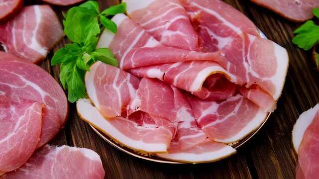 Thinly sliced cured meat with fat on a decorative plate, garnished with basil leaves