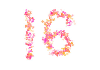 Number Sixteen, 16 made with multicolored bokeh lights effect, Bokeh abstract isolated on white background, Blur, Glitter, Defocused, Seamless polka dot pattern, Creative, Illustration design