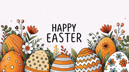 Happy easter greeting card with a border of colorful decorated eggs and floral elements on a light background with copy space