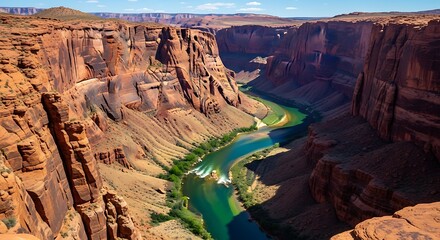 Breathtaking Aerial View of Horseshoe Bend on the Colorado River, showcasing deep orange and red sandstone cliffs surrounding the emerald green water in the arid American Southwest landscape.

