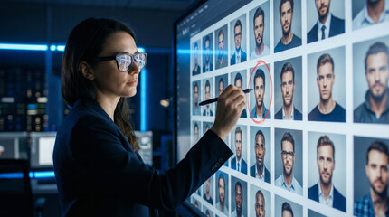 A creative professional reviews digital portraits on a large screen in a modern office