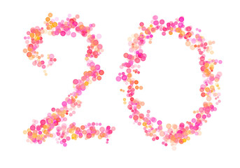 Number Twenty, 20 made with multicolored bokeh lights effect, Bokeh abstract isolated on white background, Blur, Glitter, Defocused, Seamless polka dot pattern, Creative, Illustration design