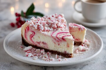Holiday-themed cheesecake with peppermint swirls and crushed candy cane topping, dusted with powdered sugar "snow" 