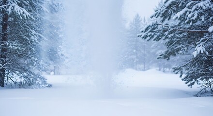 Snowy Forest Path with Tall Pine Trees and Falling Snowflakes.