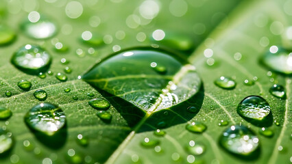 Close Up of Water Droplets on Fresh Green Leaf