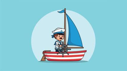 Boy sailing boat with flag on blue sea
