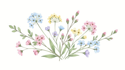 Watercolor bouquet of spring flowers in pink, yellow, and blue with greenery