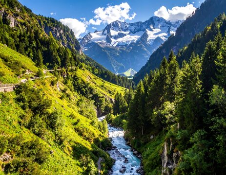 A verdant valley with a river winding towards snow-capped mountain peaks