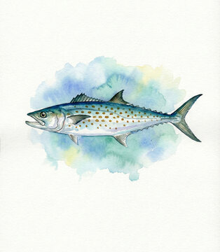 Spanish Mackerel (Scomberomorus commerson) watercolor illustration. Spotted South Pacific fish painting for interior decor and design