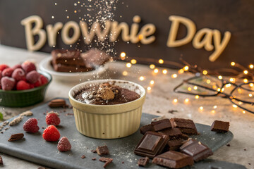 Celebrate Brownie Day with a rich chocolate dessert topped with walnut, raspberries, and powdered sugar—capturing indulgence, warmth, and festive delight. generative ai
