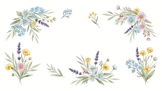 Delicate watercolor floral arrangements with small wildflowers and greenery, perfect for invitations and decorations