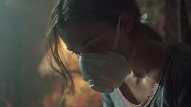 Young woman wearing respirator mask indoor pollution risk breathing in dim vintage bedroom with lamp creating moody atmosphere