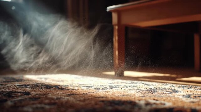 Sunlight dust particle carpet indoor pollution risk visible beam warm soft glow morning living room floor carpet fiber dust motes quiet mood