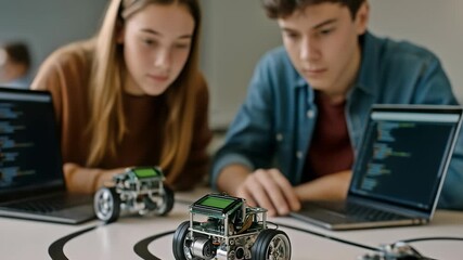 Two students work together on assembling robot. collaboration and advancements in robotics and technology development. In modern workshop people examine parts of robot. teamwork and innovation. - Powered by Adobe