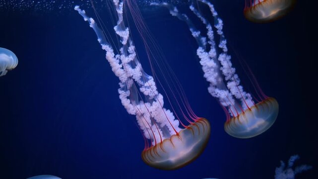 Graceful jellyfish dance underwater with their flowing tentacles in a mesmerizing ballet of ocean life and serene beauty