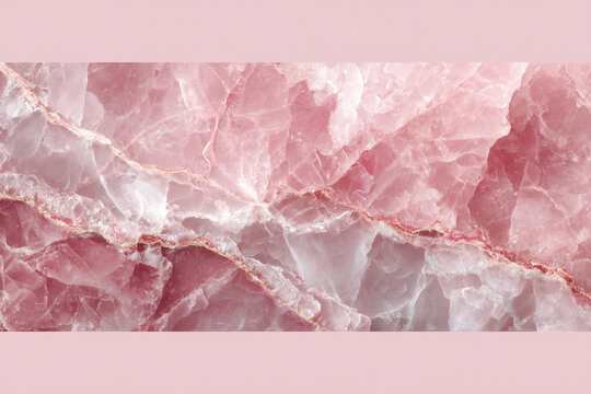 closeup of pink rose quartz crystal texture with gold veins and soft pink background