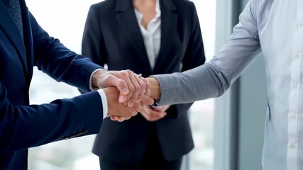 Three people in business attire shake hands, symbolizing agreement. Blurred background. Focused on hands - Powered by Adobe