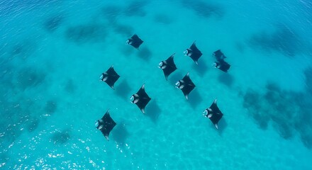Aerial view of a group of manta rays swimming in clear turquoise ocean water.