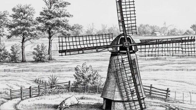 A monochrome illustration of a rural scene, with a windmill dominating the landscape