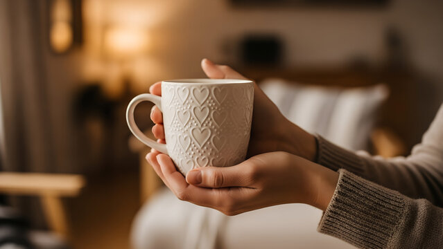 Person holding a ceramic mug with heart pattern in cozy home setting, Concept of Mother’s Day - Powered by Adobe