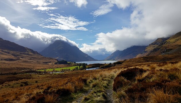 Scottish highlands landscape with loch and mountains, perfect for travel brochures, website backgrounds, and naturethemed designs. - Powered by Adobe