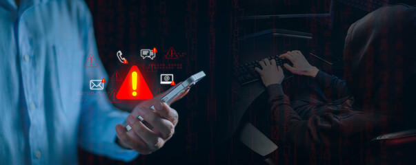 Businessman using smartphone with system warning alerts, Concept of cyber threat, phishing, scam messages, suspicious calls, and online security risks on communication.