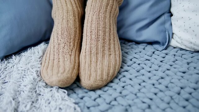 Close-up of beige knitted socks on a bed with blue woven blanket and pillows