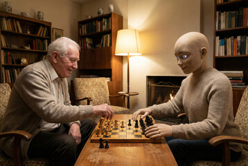A senior man is smiling while playing chess with a robot assistant indoors
