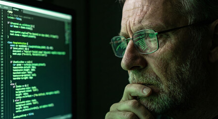 A man focuses on coding while wearing eyeglasses in a dimly lit space