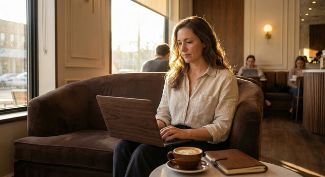Woman sits on sofa in cafe working on laptop with coffee and notebook beside her