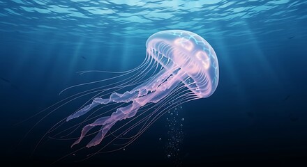Graceful Jellyfish Swimming in the Deep Blue Ocean Waters.