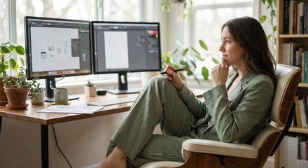 A graphic designer works thoughtfully at home with multiple screens visible
